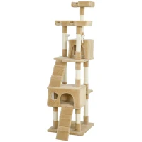 PawHut 68-inch Multi-Level Cat Scratching Tree Kitty Activity Center Post Tower Condo Pet Furniture w/ Toy Light Brown(m-2)