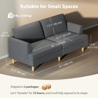 HOMCOM 3 Seater Sofa, 74" Modern Corduroy Upholstered Couch with Thick Spring Cushions, Solid Wood Legs, Armrests, Dark Grey(m-3)