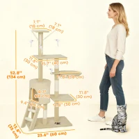 PawHut 53" Cat Tree Tower, Kitten Activity Centre with Scratching Posts, Condo, Perches, Ladder, Hammock, Dangling Toys, Beige(m-3)