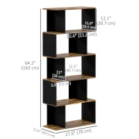 HOMCOM 5-Tier Bookshelf, Geometric S Shaped Bookcase, Tall Narrow Display Shelf for for Living Room, Study Room, Rustic Brown(m-3)