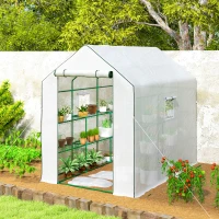 Outsunny Walk-in Greenhouse with 3 Tier, Garden Plant Growhouse with Roll-up Door and Mesh Windows, 140 x 213 x 190 cm, White(m-9)