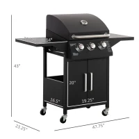 Outsunny Outdoor 3 Burner Gas Grill Portable Barbecue w/ Wheels, Warming Rack, Shelves, Cabinet, Thermometer, Black(m-3)