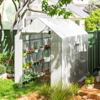 Outsunny Walk-in Greenhouse with 3 Tier, Garden Plant Growhouse with Roll-up Door and Mesh Windows, 140 x 213 x 190 cm, White(m-1)