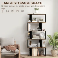 HOMCOM 5-Tier Bookshelf, Geometric S Shaped Bookcase, Tall Narrow Display Shelf for for Living Room, Study Room, Rustic Brown(m-4)