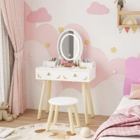 Qaba Kids Vanity Set with Mirror, Stool, 3-Colour LED Lights, Girls Dressing Table Pretend Play for Kids Room, Pink(m-8)