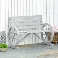 Outsunny 41" Wooden Wagon Wheel Bench, Rustic Outdoor Patio Weather Resistance Furniture, 2-Person Slatted Seat Bench with Backrest, Light Gray(m-9)