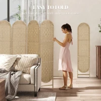 HOMCOM Bohemian Privacy Screen, Folding Room Divider with 6 Panels and Arched Top for Bedroom Living Room Office, Natural Wood(m-7)