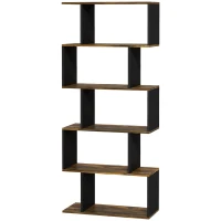HOMCOM 5-Tier Bookshelf, Geometric S Shaped Bookcase, Tall Narrow Display Shelf for for Living Room, Study Room, Rustic Brown(m-2)