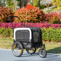 PawHut 2 in 1 Dog Bike Trailer, Dog Stroller with Safety Leash, Hitch, Flag, Reflectors, Cushion for Small Dogs, Grey(m-8)