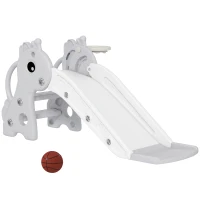 Qaba 3-in-1 Toddler Slide for Age 1-3, Freestanding Kids Slide with Climber, Basketball Hoop and Ball, Giraffe Design, Gray(m-1)