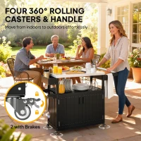 Outsunny Outdoor Bar Cart with Storage, Stainless Steel Outdoor Bar Table Top, Wheeled HDPE Kitchen Island for Food Prep, Black(m-7)