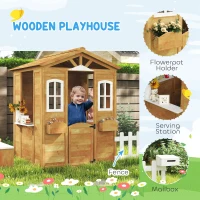 Outsunny Wooden Kids Playhouse with Door Windows Mailbox Flower Pot Holder Serving Station Bench Yellow(m-4)