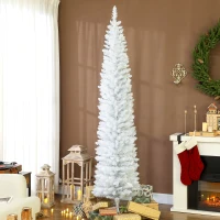 HOMCOM 7.5ft Christmas Tree with Colourful DIY Synchronized LEDs, Hinged Pencil Xmas Tree with Remote, Daily Timer, White(m-10)