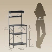 HOMCOM Kitchen Baker's Rack with Power Outlet, Coffee Bar Station with Adjustable Shelves and Hooks, Distressed Black(m-3)