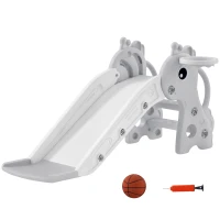 Qaba 3-in-1 Toddler Slide for Age 1-3, Freestanding Kids Slide with Climber, Basketball Hoop and Ball, Giraffe Design, Gray(m-11)