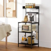 HOMCOM Kitchen Baker's Rack with Power Outlet, Coffee Bar Station with Adjustable Shelves and Hooks, Distressed Black(m-10)