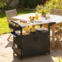 Outsunny Outdoor Bar Cart with Storage, Stainless Steel Outdoor Bar Table Top, Wheeled HDPE Kitchen Island for Food Prep, Black(m-10)