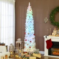 HOMCOM 7.5ft Christmas Tree with Colourful DIY Synchronized LEDs, Hinged Pencil Xmas Tree with Remote, Daily Timer, White(m-1)