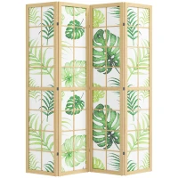 HOMCOM 4 Panel Folding Privacy Screen, 67" Room Divider with Palm Leaf Design for Living Room Bedroom, Natural and Green(m-11)