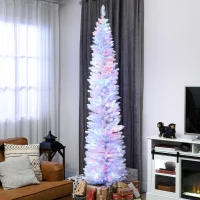 HOMCOM 7.5ft Christmas Tree with Colourful DIY Synchronized LEDs, Hinged Pencil Xmas Tree with Remote, Daily Timer, White(m-8)