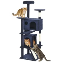 PawHut 63" Cat Tree, Multi-Level Cat Tower with Scratching Posts, Cat Condos, Bed, Platforms, Ramp, Toy Ball, Dark Blue(m-11)
