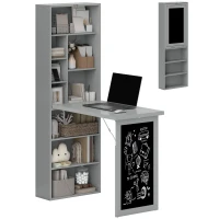 HOMCOM Fold-out Convertible Office Desk, Wall Mount Computer Desk with Blackboard and Side Shelf, Charcoal Grey(m-11)