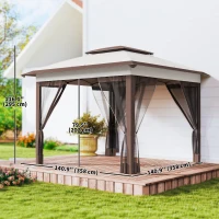 Outsunny 12' x 12' Pop Up Canopy Sun Shade Instant Tent Folding with Mesh Sidewalls, 3-Level Adjustable Height and Storage Bag, Beige(m-3)