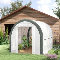 Outsunny 10'x6.6'x6.6' Upgraded Tunnel Greenhouse Green House with Mesh Door and Windows, 6 Plant Labels and Gloves, White(m-8)