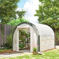 Outsunny 10'x6.6'x6.6' Upgraded Tunnel Greenhouse Green House with Mesh Door and Windows, 6 Plant Labels and Gloves, White(m-10)