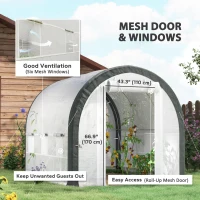 Outsunny 10'x6.6'x6.6' Upgraded Tunnel Greenhouse Green House with Mesh Door and Windows, 6 Plant Labels and Gloves, White(m-4)