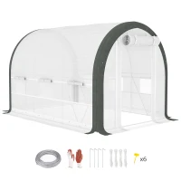 Outsunny 10'x6.6'x6.6' Upgraded Tunnel Greenhouse Green House with Mesh Door and Windows, 6 Plant Labels and Gloves, White(m-11)