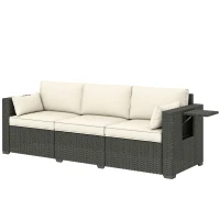Outsunny 3 Seater Wicker Patio Sofa with Side Trays, Outdoor Couch with 6" Thick Back Cushions, Deep Seating, Cream White(m-11)