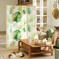 HOMCOM 4 Panel Folding Privacy Screen, 67" Room Divider with Palm Leaf Design for Living Room Bedroom, Natural and Green(m-1)
