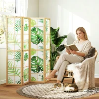 HOMCOM 4 Panel Folding Privacy Screen, 67" Room Divider with Palm Leaf Design for Living Room Bedroom, Natural and Green(m-10)