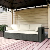 Outsunny 3 Seater Wicker Patio Sofa with Side Trays, Outdoor Couch with 6" Thick Back Cushions, Deep Seating, Cream White(m-10)