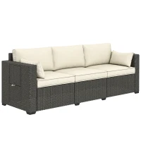 Outsunny 3 Seater Wicker Patio Sofa with Side Trays, Outdoor Couch with 6" Thick Back Cushions, Deep Seating, Cream White(m-2)
