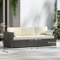 Outsunny 3 Seater Wicker Patio Sofa with Side Trays, Outdoor Couch with 6" Thick Back Cushions, Deep Seating, Cream White(m-3)