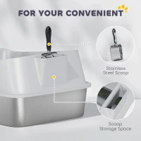 PawHut Cat Litter Box Stainless Steel with Metal Litter Scoop, Never Absorbs Odors, Anti Leakage, 24" x 16" x 12", Grey(m-9)