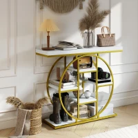 HOMCOM 39.4" Console Table with Storage Shelves, Industrial Sofa Table for Living Room, Hallway, White Marble Effect(m-8)