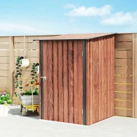 Outsunny 3.3' x 3.4' Lean-to Garden Storage Shed, Outdoor Galvanized Steel Tool House with Lockable Door for Patio, Teak(m-10)