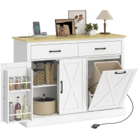 HOMCOM 7 Gallon Tilt Out Garbage Cabinet, Kitchen Island with Charging Station, 2 Drawers, 4 Door Racks, White(m-2)