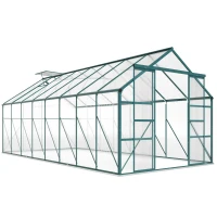 Outsunny 16' x 8' Aluminum Polycarbonate Greenhouse Walk-in Garden Greenhouse Kit with Adjustable Roof Vent, Rain Gutter and Sliding Door for Winter, Green(m-11)