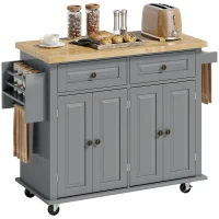 HOMCOM Kitchen Island Cart with Rubber Wood Top, Rolling Kitchen Island Table on Wheels with Drawers, Adjustable Shelves, Spice Rack and Towel Rack for Dining Room, Gray(m-1)