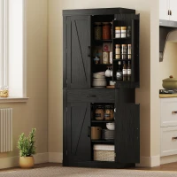 HOMCOM 72" Kitchen Pantry Cabinet, Farmhouse Kitchen Storage Cabinet with 4 Barn Doors, 6 Door Shelves, Drawer, Black(m-8)