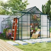 Outsunny Aluminium Greenhouse Polycarbonate Walk-in Garden Greenhouse Kit with Adjustable Roof Vent, 8 x 12ft, Green(m-8)