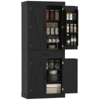 HOMCOM 72" Kitchen Pantry Cabinet, Farmhouse Kitchen Storage Cabinet with 4 Barn Doors, 6 Door Shelves, Drawer, Black(m-11)