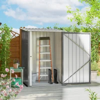 Outsunny 3.3' x 3.4' Lean-to Garden Storage Shed, Outdoor Galvanized Steel Tool House with Lockable Door for Patio Grey(m-1)