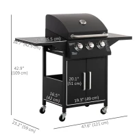 Outsunny Outdoor 3 Burner Gas Grill Portable Barbecue w/ Wheels, Warming Rack, Shelves, Cabinet, Thermometer, Black(m-3)