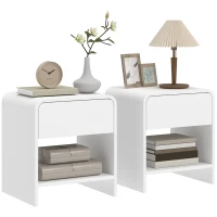 HOMCOM Nightstand Set of 2, Modern Bedside Table with Rounded Corners, Nightstand with Drawer and Open Shelf, Distressed White(m-11)