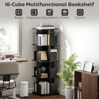 HOMCOM 360° Rotating Bookcase, 4 Tier Bookshelf with 16 Cubbies for Small Space, Living Room, Bedroom, Study, Black Wood Grain(m-5)